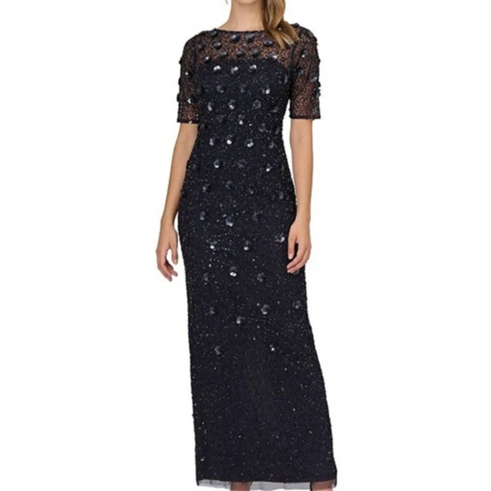 Adrianna Papell - 3D‎ Floral Beaded  Short Sleeve Gown